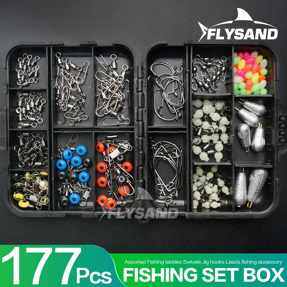 FLYSAND 177Pcs Fishing Tackle Kit - Portable Box with Hooks, Weights, Sinkers, Barrel Swivels & Lumi