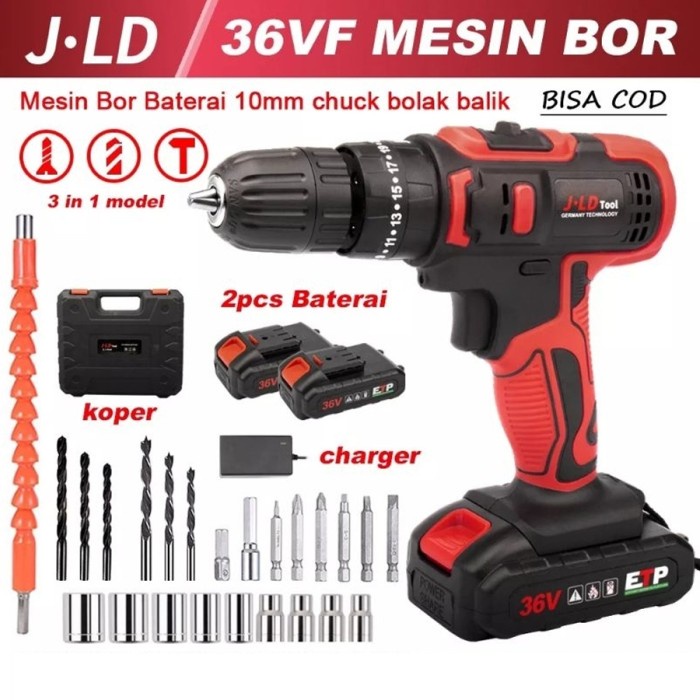 JLD TOOLS 36Vf Mesin bor baterai cordless JLD 36V 10mm 2battery set