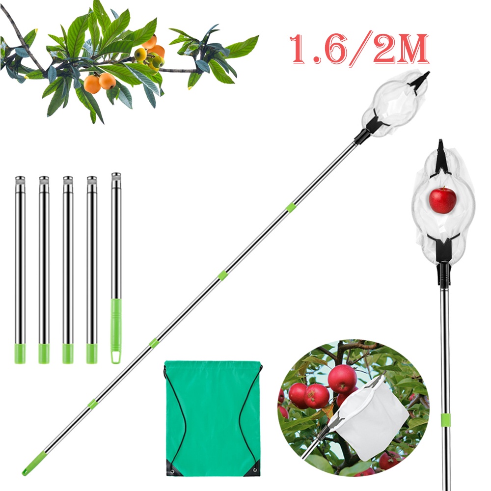 1.6/2M New Fruit Picker Stainless Steel Fruit Picking Tool with Storage Bag Garden Tree Fruit Catche