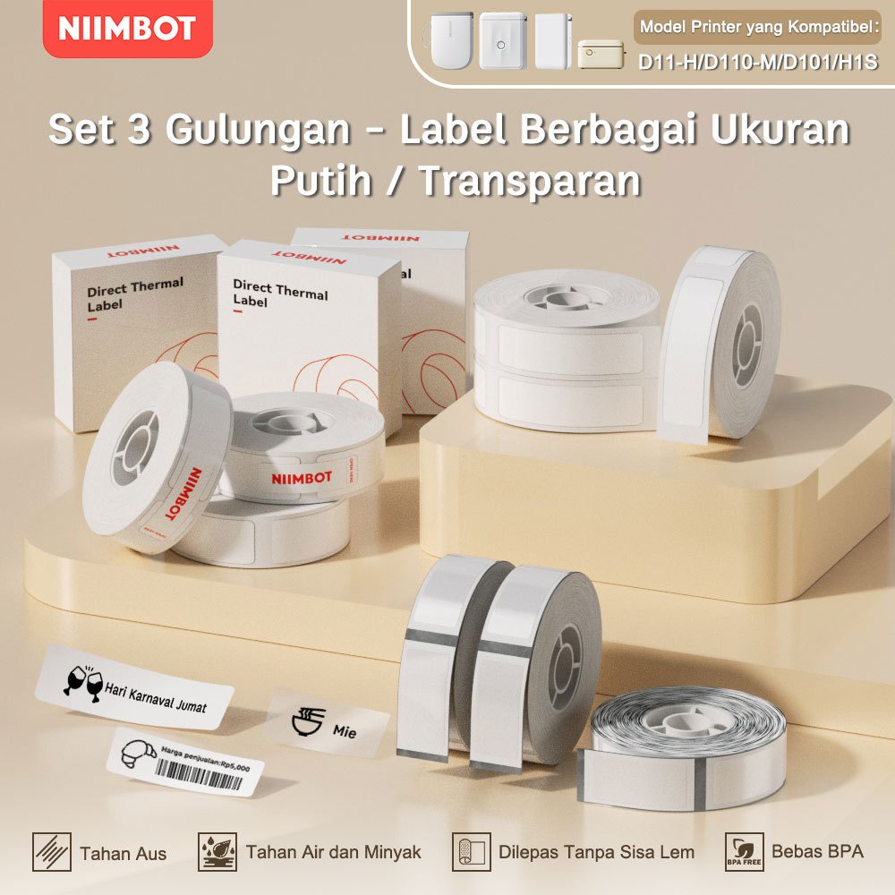 

Paket 3 GulunganNIIMBOT D11/D110/D101 Stiker Label Putih/Transparan, Stiker Label Nama dan Harga