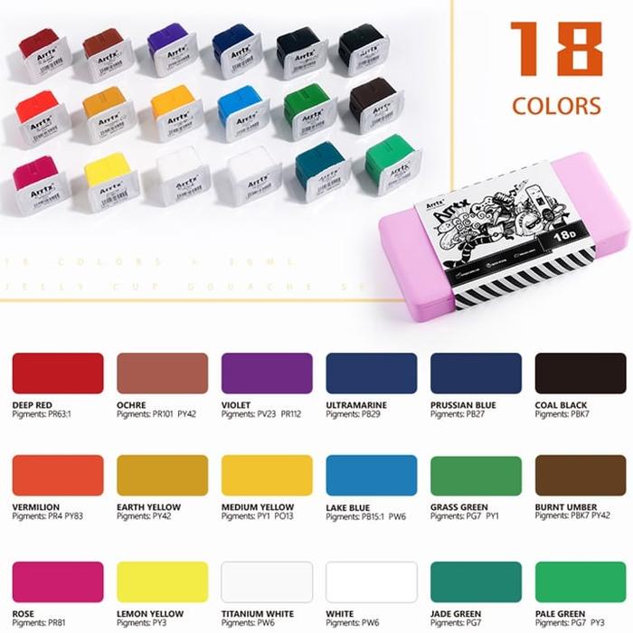 

Arrtx Gouache 18Clr X 30Ml (Free Mixing Palette) Basic Color Set Terlaris