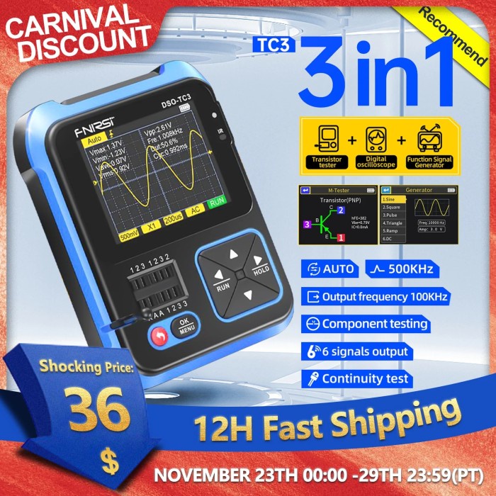 FNIRSI DSO-TC3 Digital Oscilloscope Transistor Tester Function Signal