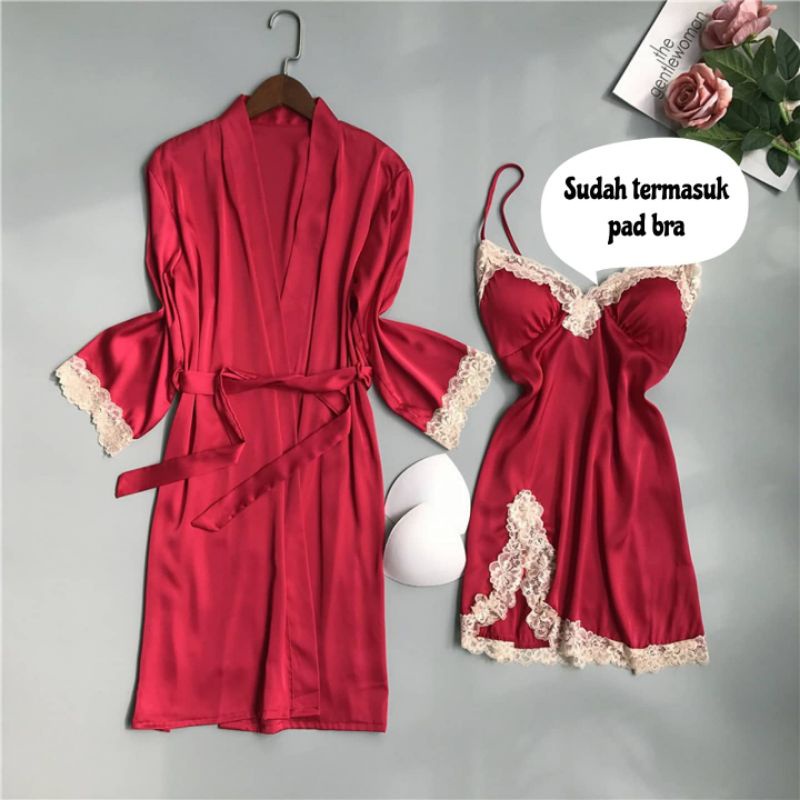 CB440 baju kimono tidur wanita dress set 2in1 premium bahan satin lingerie lingeri lingery sexy