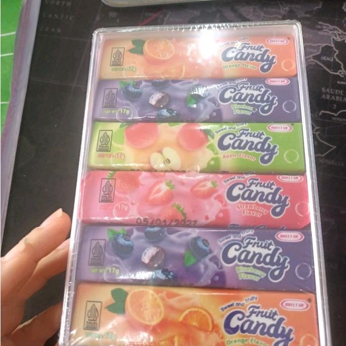 

Permen Lunak (fruit candy )Aneka Rasa Buah Jeruk, Blueberry, Apel, Strawberi 1 Box Isi 30 Pcs Candy