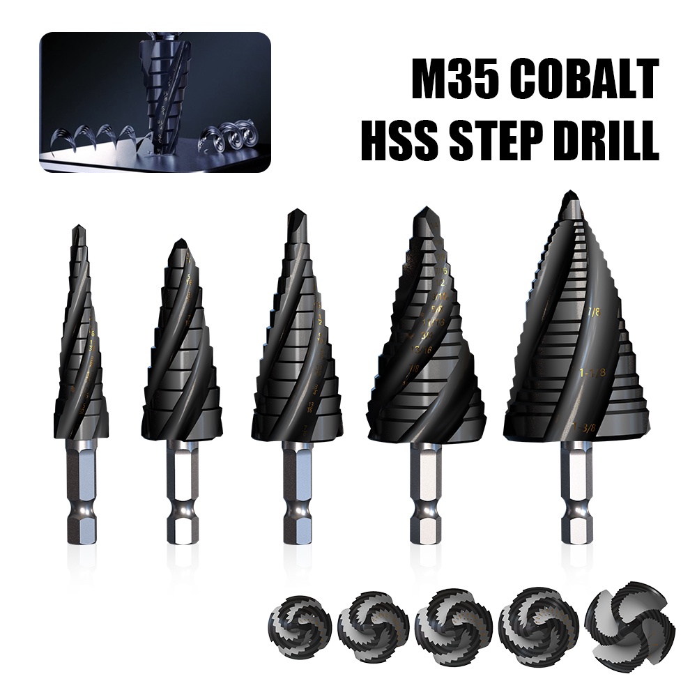 M35 Cobalt 4-Flute Step Drill Bit 1/4 in Tapered Hex Shank for Stainless Steel Sheet Metal Wood Alum