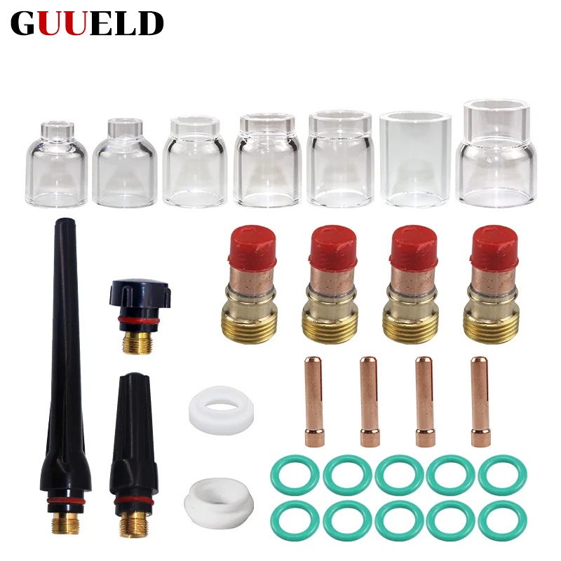 30Pcs TIG Welding Torch Accessories Stubby Gas Lens 4#~12# Pyrex Glass Cup Kit For WP-17/18/26 Torch