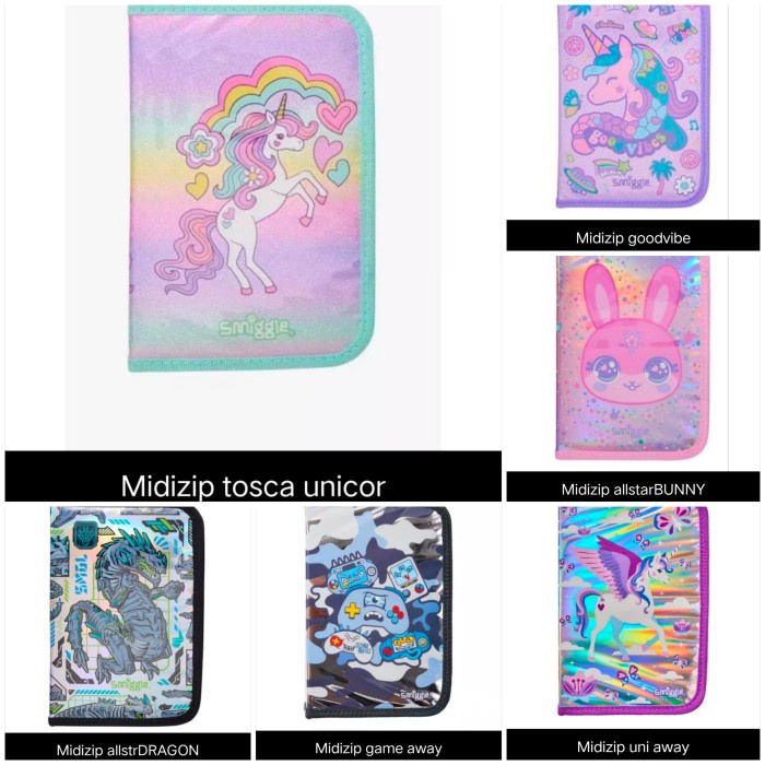 

Smiggle Midizip Stationery Unicorn, Goodvibe, Dragon, Bunny, Game Away Kode 109