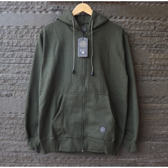 JAKET ZIPPER SWEATER GHONIYU POLOS JUMBO ORIGINAL HIJAU ARMY SSGD-11