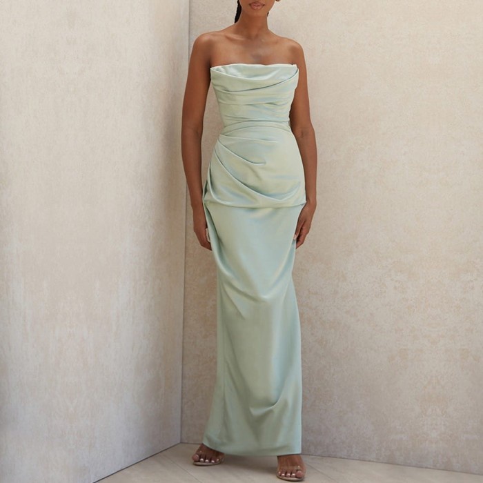 Pinalo Sage Green Sideslit Dress Pesta Wanita Sateen Party Dress Bali Best Quality