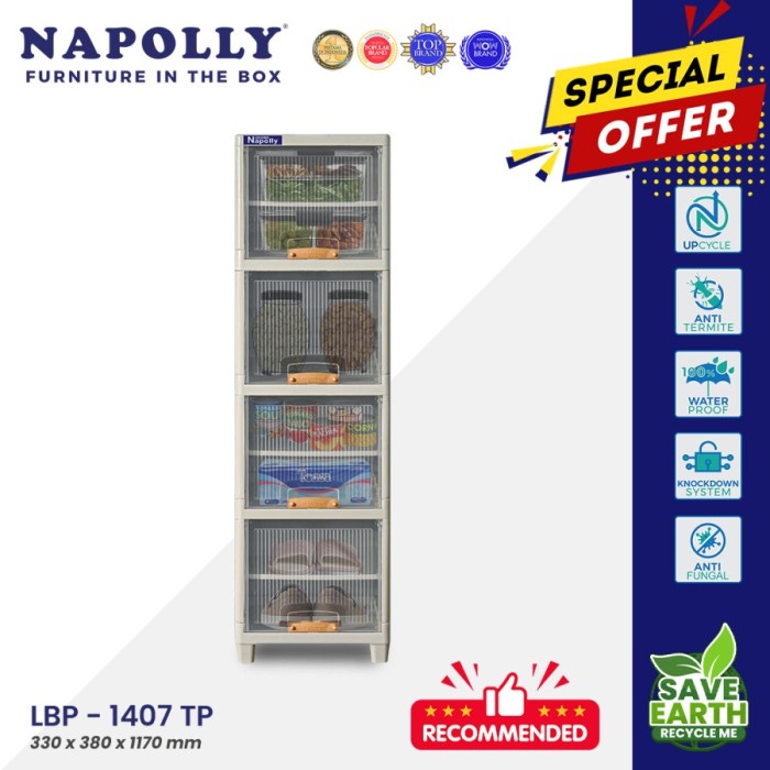 Napolly Locker Box Susun 4 Tingkat LBP 1407 TP Lemari Laci Container Box Drawer Plastik Pintu Lipat