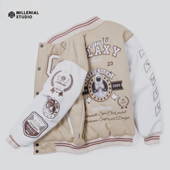 Varsity Jacket Cosmics Galaxy Cream White Jaket Baseball Bordir Original Unisex Fleece Nyaman Lembut