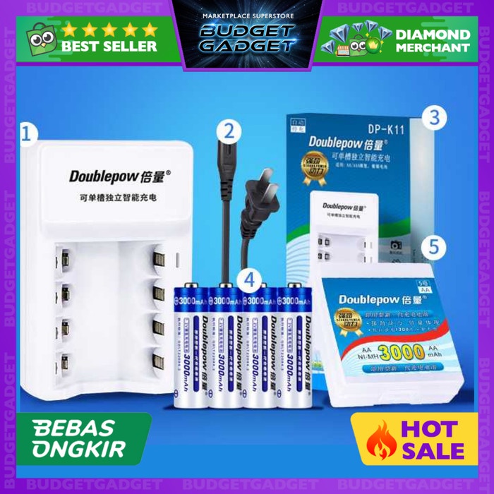 Terbagus Doublepow Charger Baterai 4 Slot Aa/Aaa + 4 Pcs Aa 3000Mah