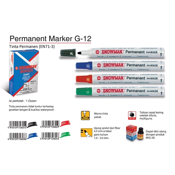 

IK! Spidol Permanent / Whiteboard Snowman Marker BG-12 / G-12 MURAH Awet Warna Warni Pastel Grosir