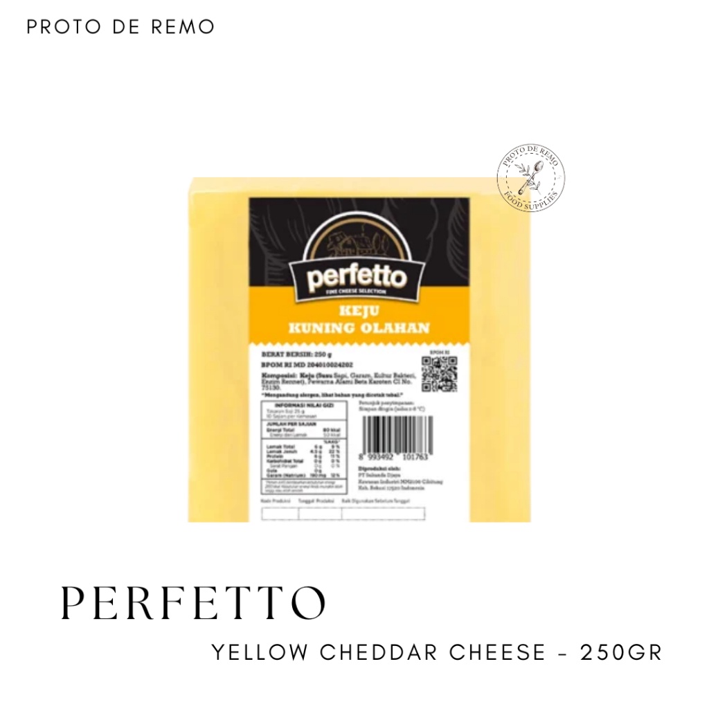 

Perfetto Cheese Keju Red Cheddar Yellow Cheddar Emmental Parmesan Block - 250GR