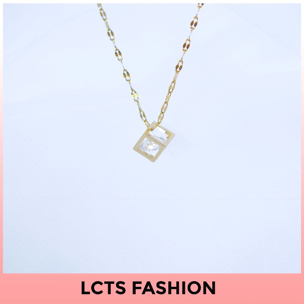 Kalung Wanita Geometris Berlian Imitasi Kotak Emas LCTS Fashion