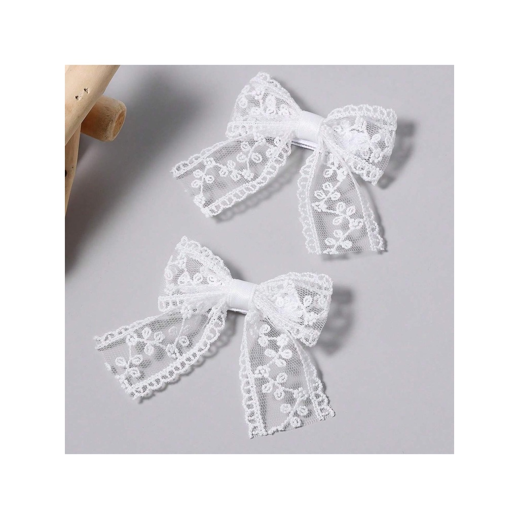 2 White Lace Bow Hair Clips With Long Tail Ribbon Bow Alligator Hair Clips Birthday Party Dress