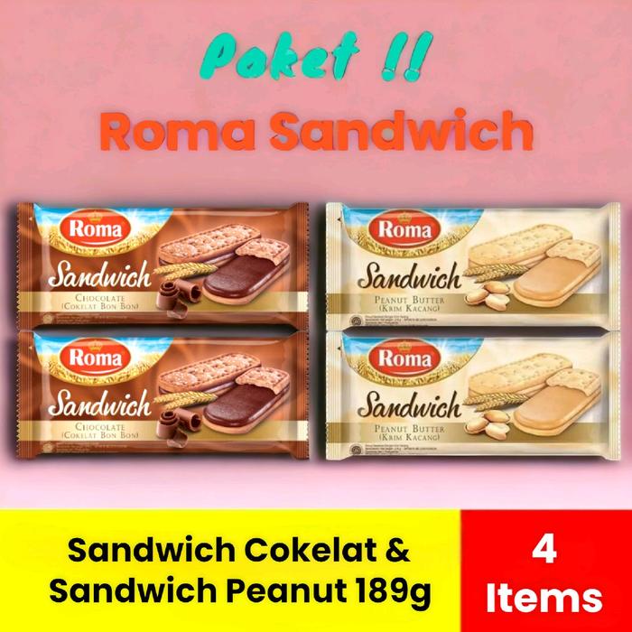 

Roma Sandwich Cokelat & Peanut 189gr / Paket 4 Items Chocolate Food Snack Coklat Susu