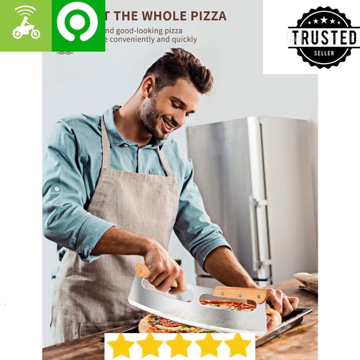 READY STOK 35CM PISAU PEMOTONG PIZZA STAINLESS BESAR PEGANGAN KAYU WOOD READYY
