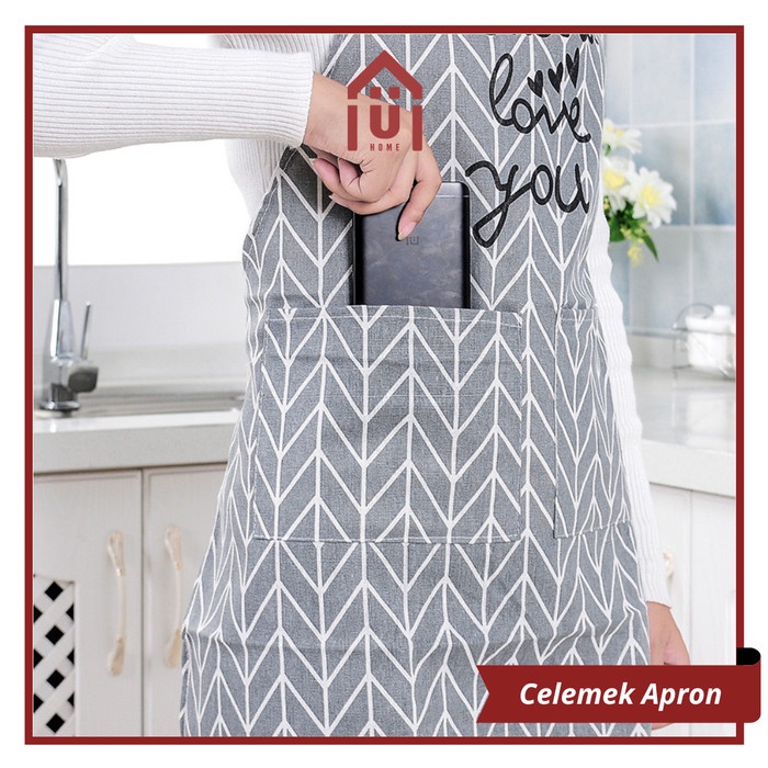 ..... Uniso - Celemek Masak Dengan Bahan Katun Linen Dan Motif Kotak-Kotak