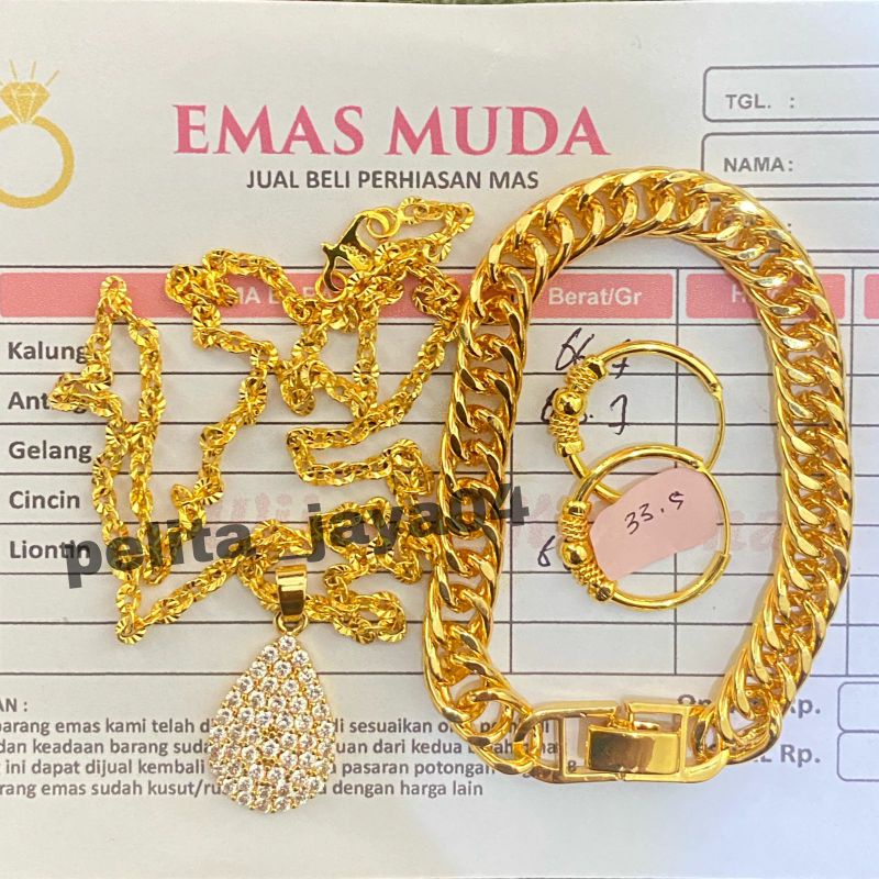 accDKI- Set perhiasan liontin permata asli emas 24k asli emas muda free surat
