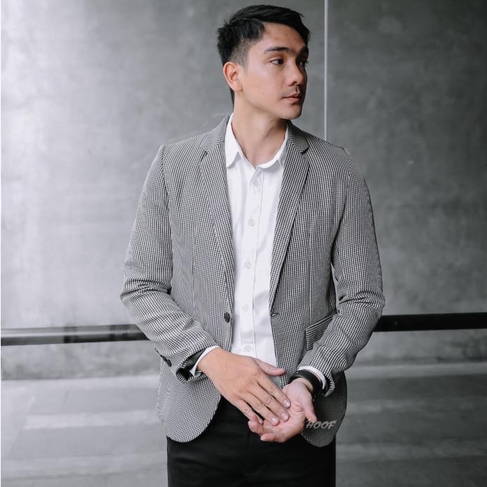 Hoof Blazer Pria Casual Motif Tartan Slimfit Hunstmen