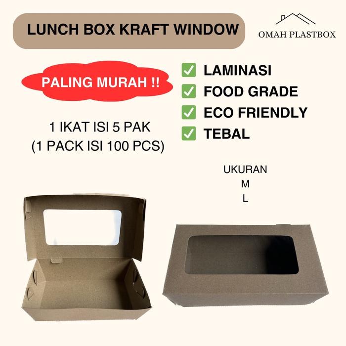 Yuk- Lunch Box/Paper Box Kraft Window Laminasi Ukuran M dan L 50 Pcs