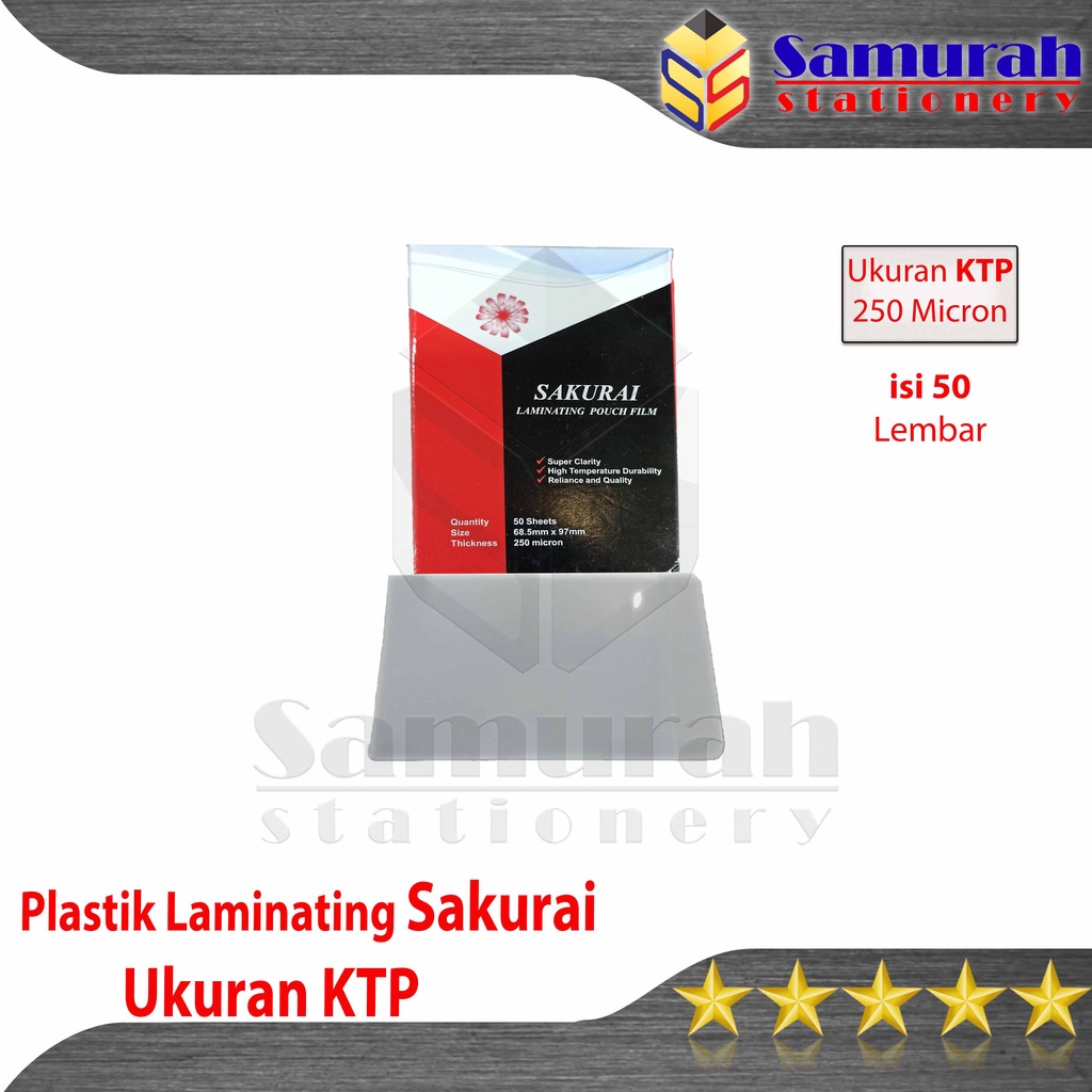 

Plastik Laminating Sakurai Ukuran KTP 250 Micron 68.5 x 97 mm isi 50 lembar / Laminating Pouch Film
