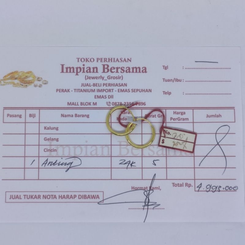 JelitaFash- Diskon anting ring emas 5.00 gram 24karat gold emas murni anting dewasa anting wanita an