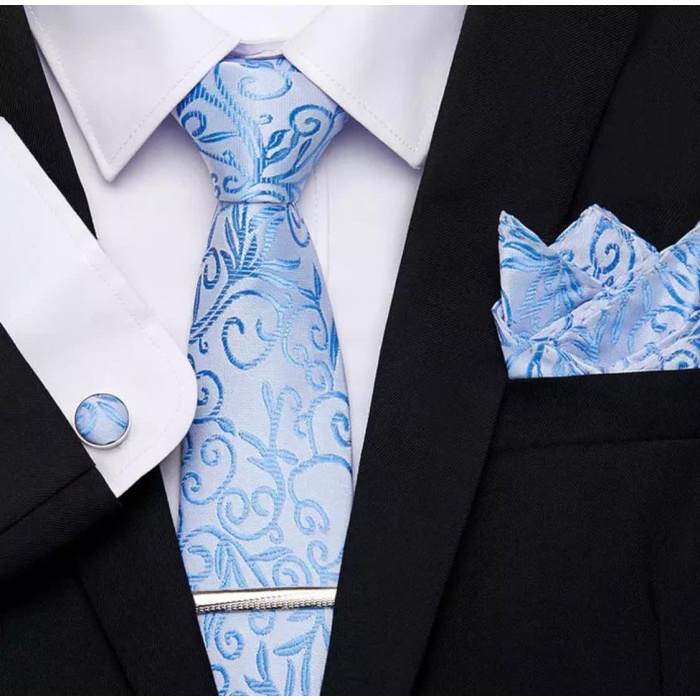 PREMIUM Gift set biru muda sky blue batik lengkap dasi panjang pocket square