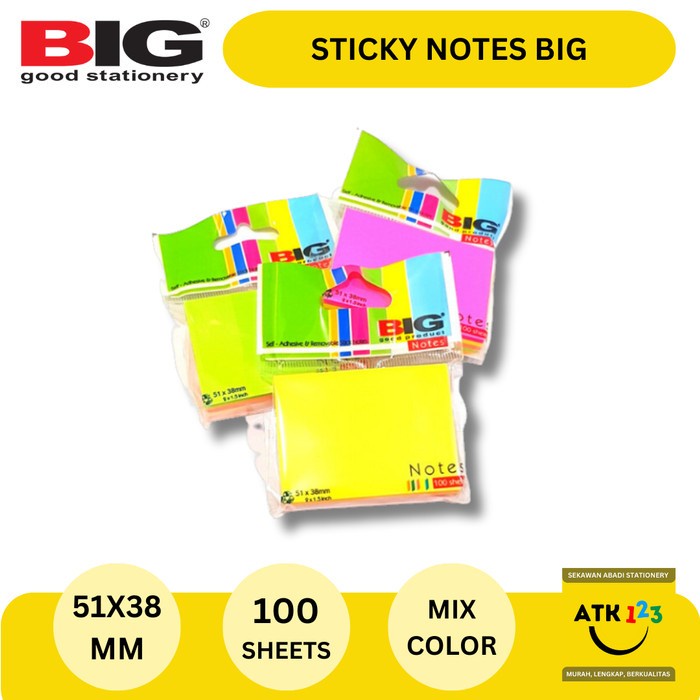 

(BestSeller) Post It / Sticky Note / Sign Here Merk BIG Ukuran 51x38mm Warna Warni