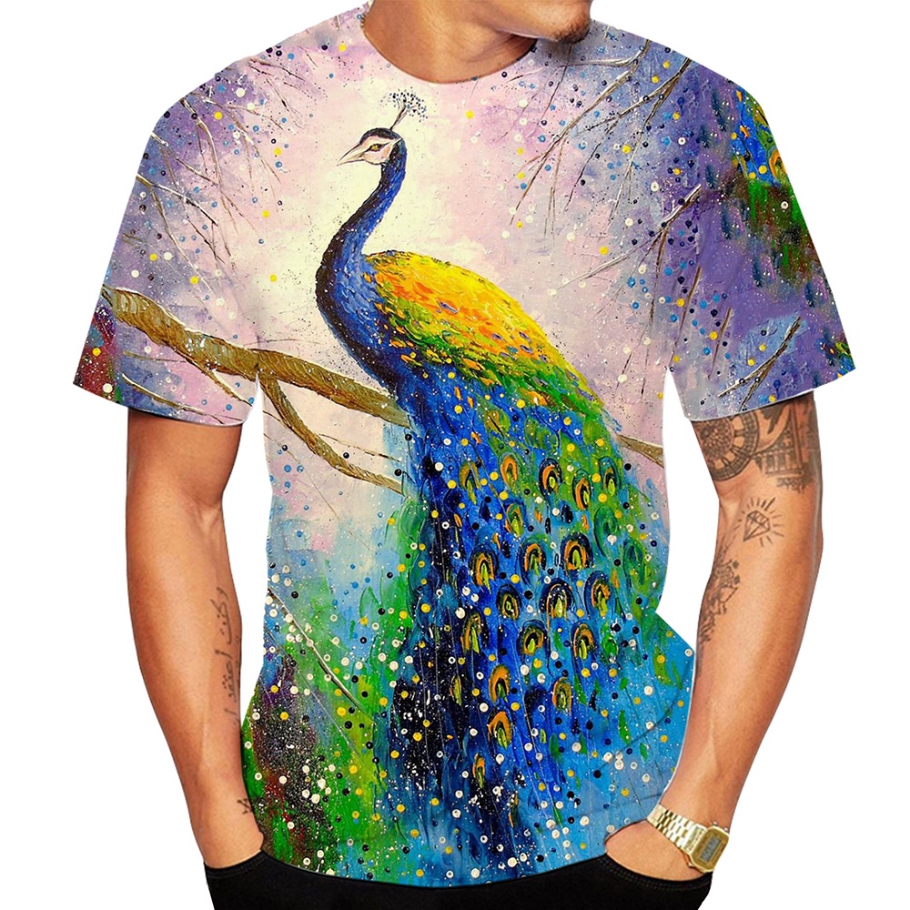 Peacock Feathers T Shirts Animal 3D Print Men Woman Short Sleeve T-Shirt Streetwear Oversized