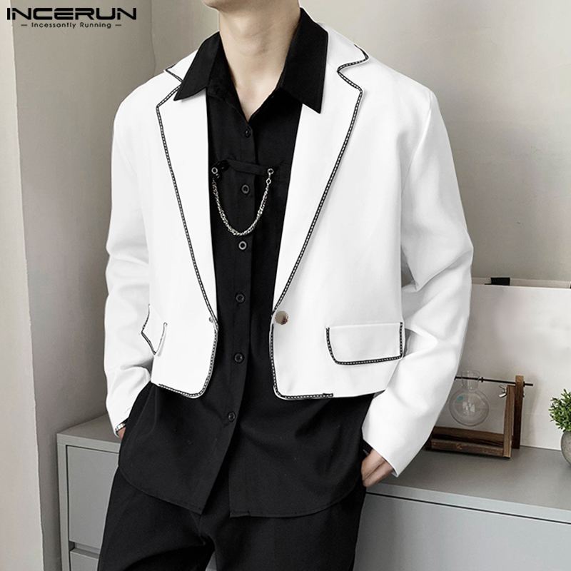 Incerun 2024 Men'S Blazer Pat work Long Sleeve Lapel One Button Streetwear Crop Coats Autumn