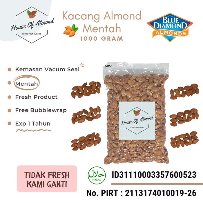 

Kacang Almond Raw (Mentah) 1 Kg Blue Diamond Premium