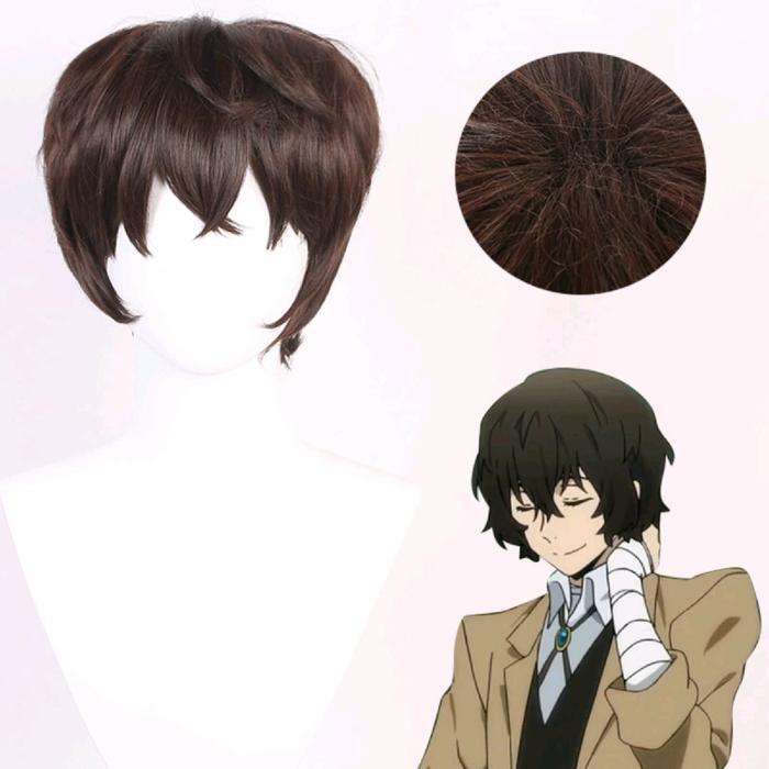 PREMIUM Wig Cosplay Dazai Osamu Wig Anime Rambut Pendek Dengan Poni Warna Darbrown