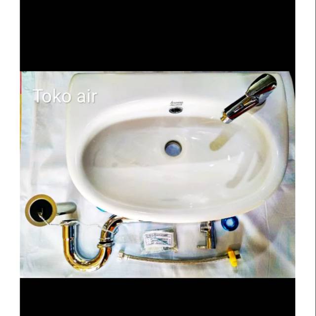 Paket wastafel american standard studio 45 Lengkap afur rantai+Sifon leher angsa stainless AY0