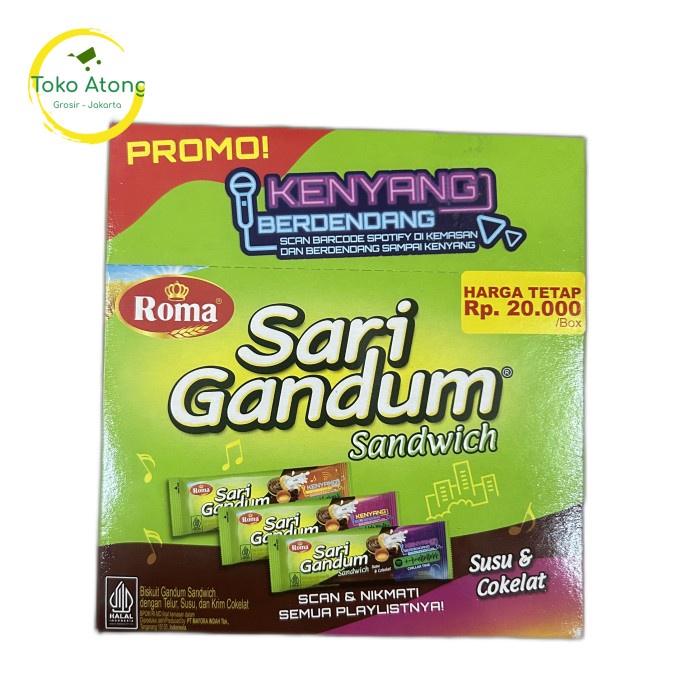 

JTTOP" ROMA SARI GANDUM SANDWICH SUSU & COKLAT (KEMASAN BOX ISI 12 PCS)