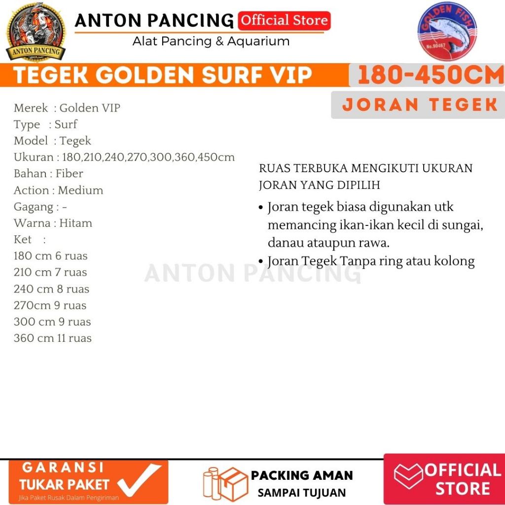 Joran Pancing Tegek Surf Golden Vip 180 210 240 270 300 360 450 Cm Ruas Pendek Ringan Dan lentur