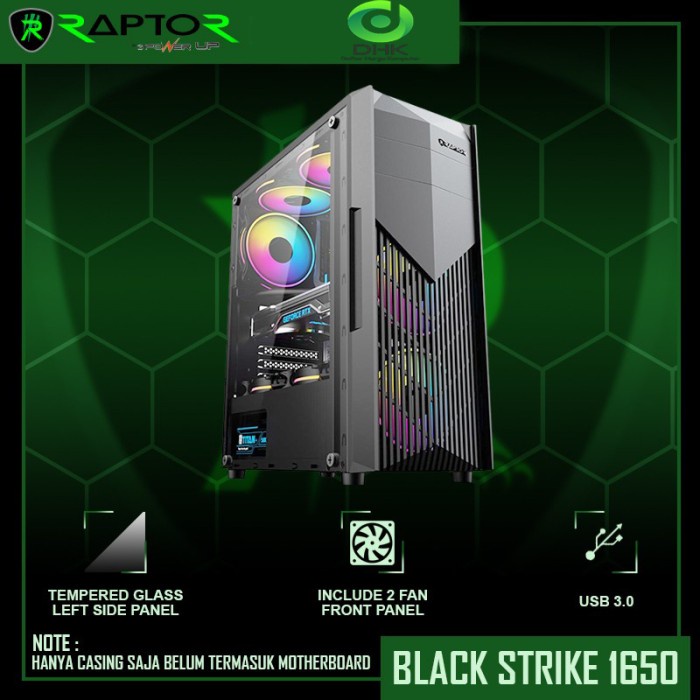 Promo Casing Raptor Black Strike 1650 Free 2 Fan Rgb Atx