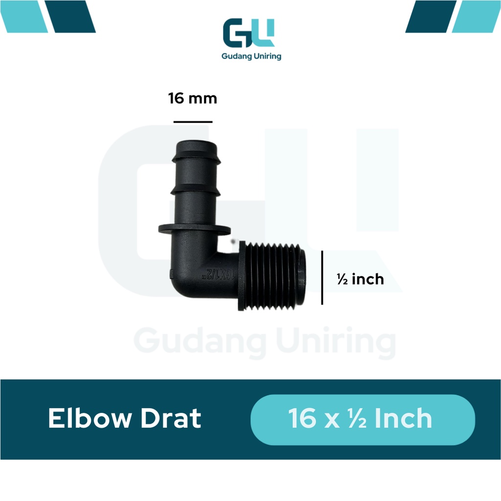 Konektor Drat L Elbow 1/2″ x 16 mm – sambungan pipa PVC 1/2″ ke selang PE 16 mm
