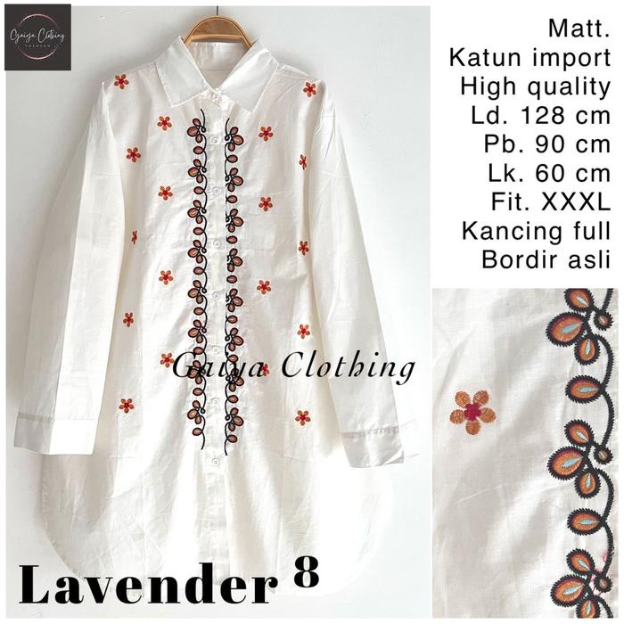 KEMEJA TUNIK JUMBO KATUN BORDIR BUNGA WANITA WHITE SERIES LD. 130 LAVENDER JUMBO PUTIH BAJU ATASAN