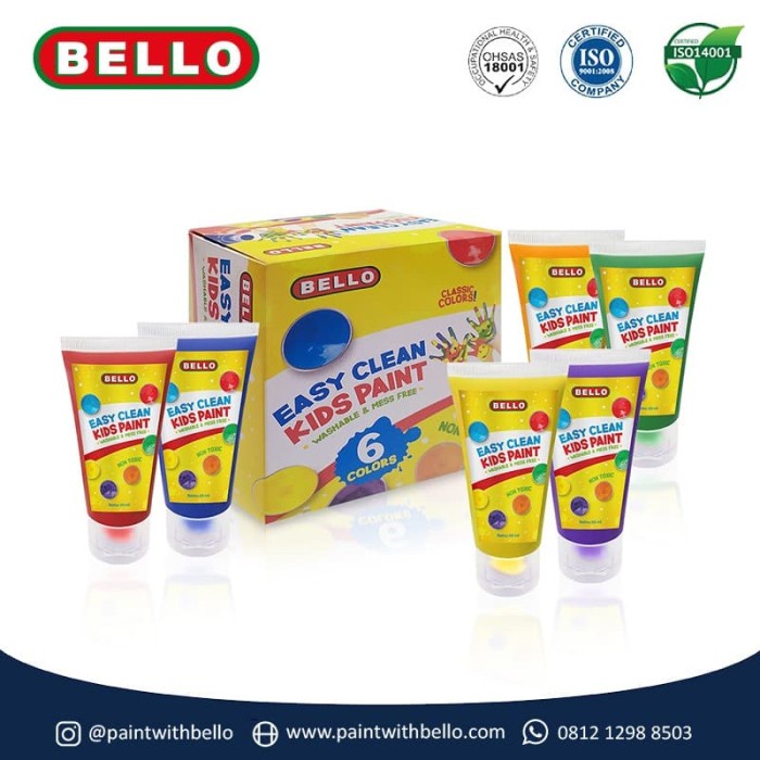 

TERLARIS BELLO EASY CLEAN KIDS PAINT - Cat WASHABLE lukis ANAK - 1SET: 6x60ml