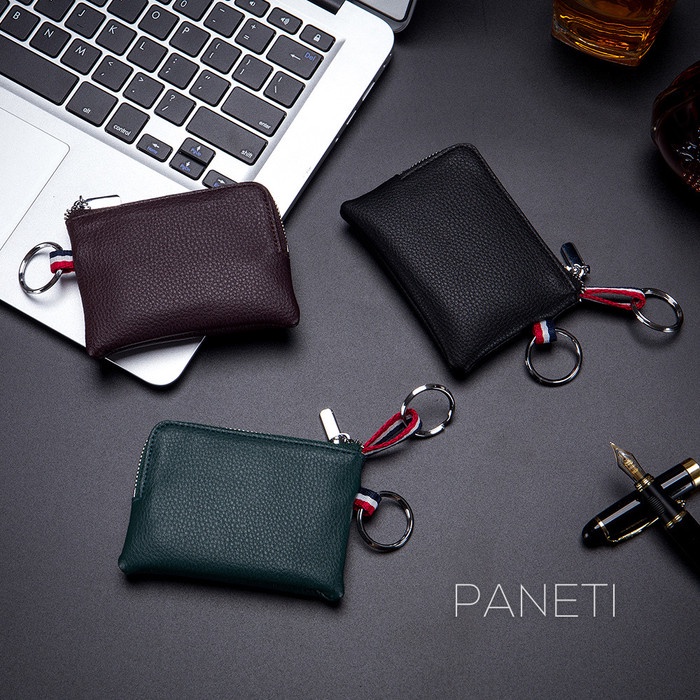 Dompet Koin Pria Paneti Ultra Thin Mini Zipper Pouch Kulit Asli