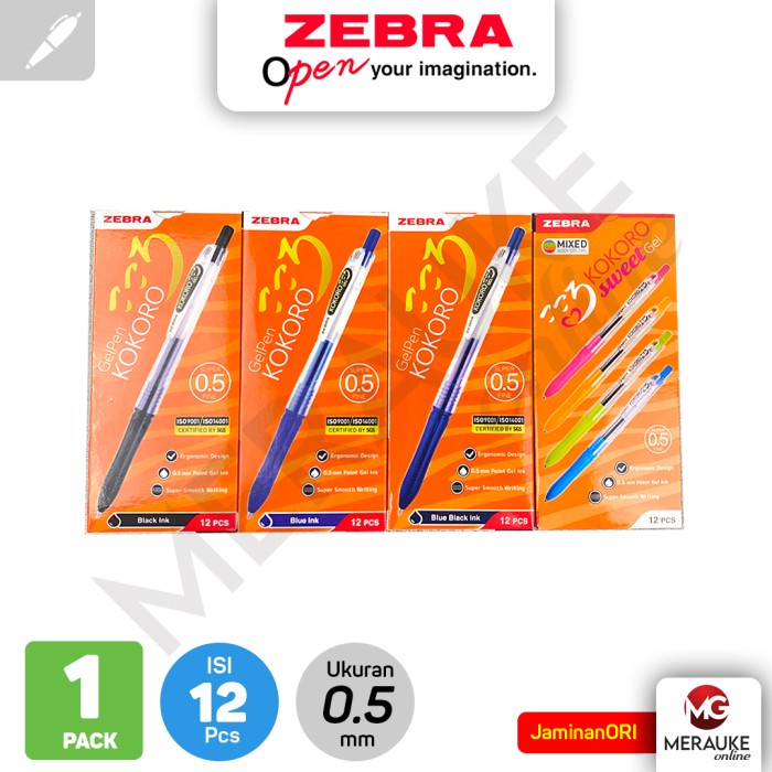 

pintar- Gel Pen Zebra KOKORO 0.5mm LUSIN (1 Pack isi 12 Pcs)