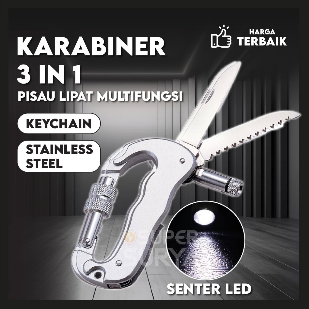 KARABINER MULTIFUNGSI 3IN1 GANTUNGAN KUNCI SENTER CARABINER PISAU DAPUR LIPAT SURVIVAL TOOL