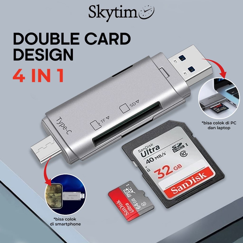 Skytime USB Adapter 4in1 Card Reader High-Speed Smart USB 3.0 Metal Type-C/SD Card/TF Memory OTG