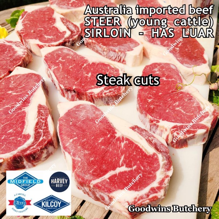 

Lezat- 450g 1pc 1" 2.5cm STEAK SIRLOIN BEEF STEER young cattle Aust. KILCOY