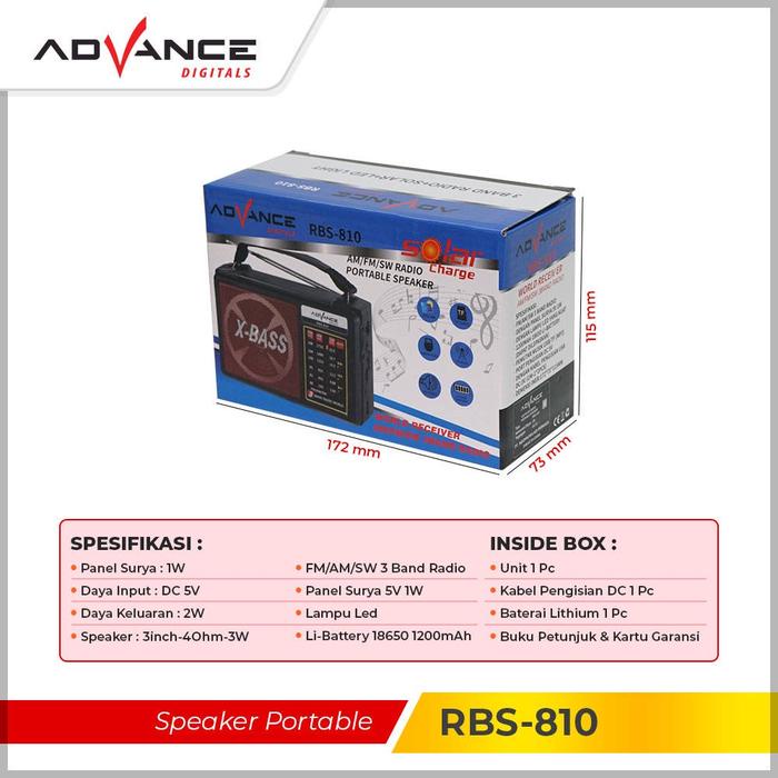 Authentic - Speaker Radio Bluetooth Advance Rbs810 / Rbs-810 Usb Tf Card 3 Band Fm/Am/Sw1 With Led
