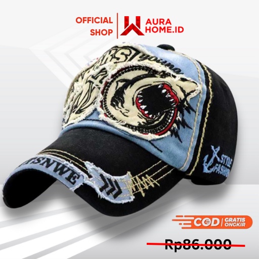 JaminanBaru- Topi Baseball Cap Motif Bordir Shark / Topi Baseball Distro Sobek Sobek Robek Cowo Cowo
