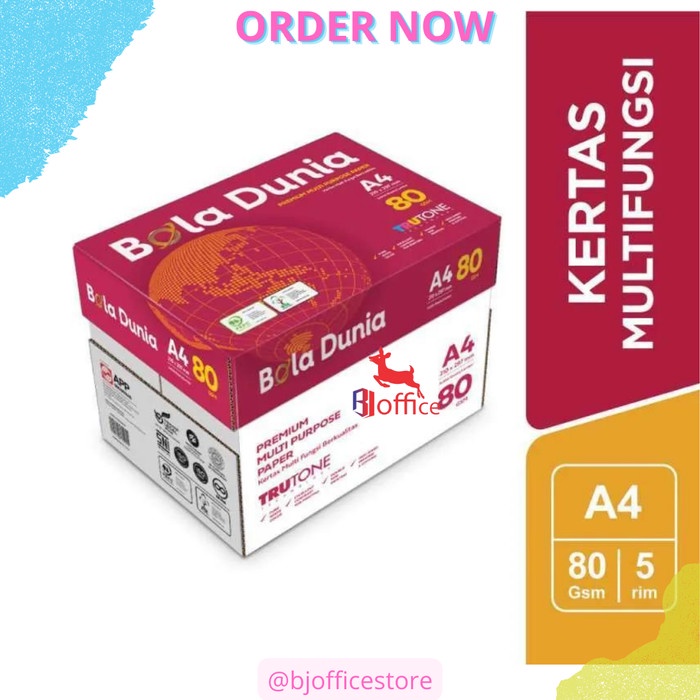

BOLA DUNIA KERTAS HVS 80 GRAM A4 PER BOX ISI 5 RIM