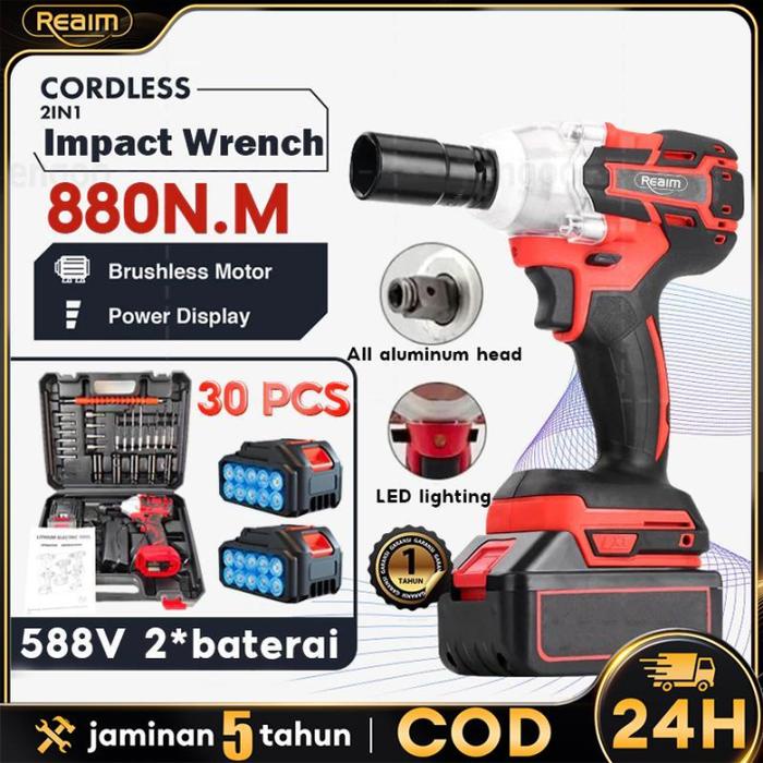 Reaim Cordless Impact Wrench Brushless Impact baterai Mesin Bor Untuk Baut Mobil Impact Baterai